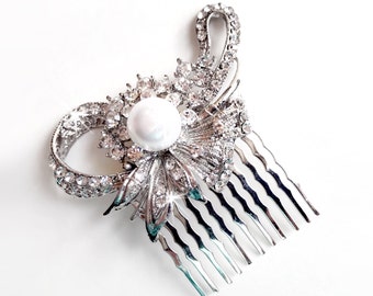 Comb - Crystal Flower Hair Comb - Floral Pearl Bridal Comb - Vintage Style Hair Piece - Silver Rhinestone Brooch Comb - Pearl Hairpiece