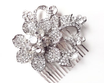 Comb - Crystal Flower Hair Comb - Floral Rhinestone Bridal Comb - Vintage Style Hair Piece - Silver Rhinestone Brooch Comb