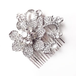 Comb - Crystal Flower Hair Comb - Floral Rhinestone Bridal Comb - Vintage Style Hair Piece - Silver Rhinestone Brooch Comb