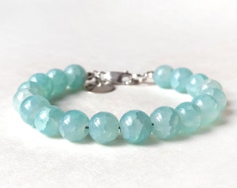 Bracelet - 10mm Aqua Glass Bead Bracelet with Sterling Silver Lobster Clasp - Aqua Beaded Bracelet - Large Round Beads - 925