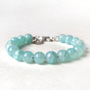 Bracelet 10mm Aqua Glass Bead Bracelet with Sterling Silver Lobster Clasp Aqua Beaded Bracelet Large Round Beads 925 image 1