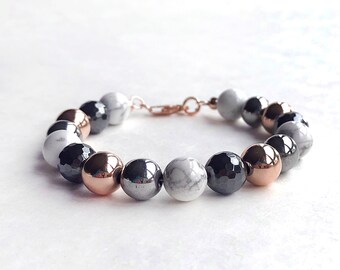 Bracelet - Rose, Gray and White - 10mm 14K Rose Gold Fill, Gunmetal Hematite, and White Malachite - Gemstone Beaded Bracelet