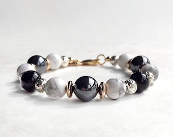 Bracelet - Hematite, Lava, Onyx and Malachite - White Gray Black Silver Lava, 14k Yellow Gold Fill, Stone Beaded Diffuser Bracelet