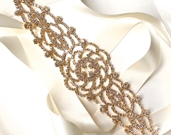 Sash - Rhinestone Rose Bridal Belt Sash in Gold - Satin Ribbon - Crystal Wedding Dress Belt - Gold Crystal Flower - Standard Length