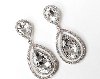 Earrings - Double Teardrop Crystal Earrings in Silver - Rhinestone Dangle - Post Earring - Crystal Wedding Earrings - Bridal Earrings