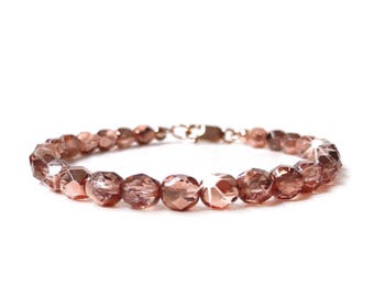 Bracelet - Sparkling Rose Gold Bracelet - Faceted Czech Glass Beads - 14K Rose Gold Fill Clasp - Rose Blush Pink Bridesmaid Bracelet Gift