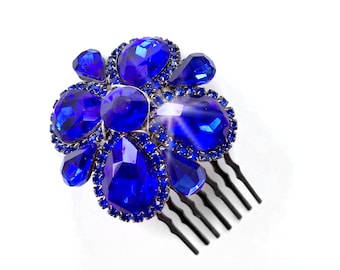 Comb - Cobalt Blue and Gunmetal Hair Piece - Vintage Style Brooch - Bridal Wedding Comb - Royal Blue Rhinestone Brooch Crystal Hairpiece