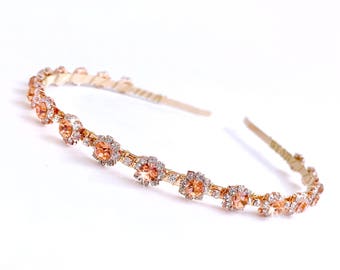 Blush & Rose Gold Bridal Headband - Gold Metal Band - Blush Pink Crystal Hairpiece -  Wedding Headband - Flower Girl - Pink Peach Rose Gold