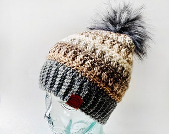 Patterned Crochet Hat with Faux Fur Pom – Various Colors Available - Ready to Ship – Removable Pom Washable Winter Beanie Slouch Hat Yarn