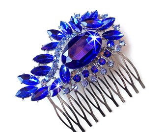 Comb - Blue Crystal Hair Piece - Vintage Style Brooch - Cobalt, Navy, Royal Blue Bridal Comb - Wedding Hairpiece - Marquise - Something Blue