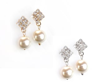 Earrings - Bridesmaid Set - Pearl & Crystal Dangle Bridesmaid Earrings - Rhinestone Bridesmaid Earrings - Bridesmaids Gifts - Silver or Gold