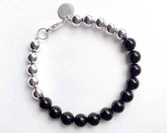 Bracelet - Black Onyx and Sterling Silver Color Block Bracelet - Black and Silver Bracelet - 8mm Beaded Bracelet - Aromatherapy