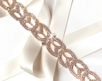 Sash - Stylish Crystal Bridal Belt Sash or Headband in Gold - White Ivory Satin Ribbon - Rhinestone Wedding Dress Belt - Extra Long