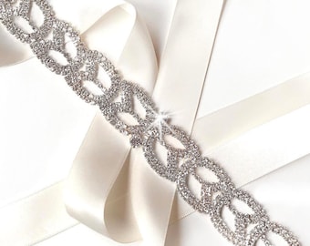 Sash - Stylish Crystal Bridal Belt Sash or Headband in Silver - White Ivory Satin Ribbon - Rhinestone Wedding Dress Belt - Extra Long