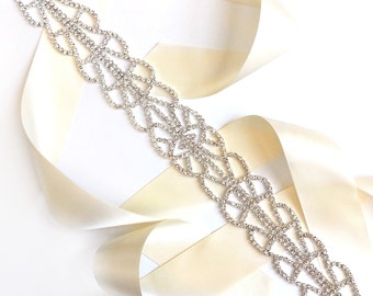 Sash - Art Deco Silver Rhinestone Wedding Dress Sash - Silver Rhinestone Encrusted Bridal Belt Sash - Crystal Extra Wide Wedding Belt
