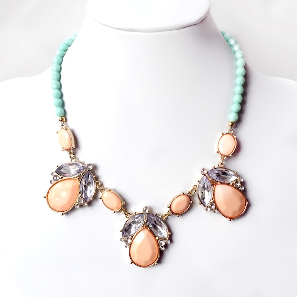 Necklace - Peach and Mint Bib Necklace - Gold Pastel Necklace - Statement Bib - Coral Pink, Mint Turquoise Necklace - Pale Jade Czech Glass