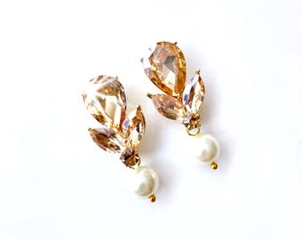 Earrings - Pear Champagne Crystal Earrings - Ivory or White Pearl - Gold Teardrop Crystal Earrings - Marquise Topaz Crystal