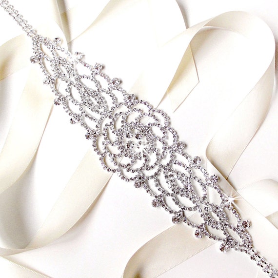 Sash - Rhinestone Rose Bridal Belt Sash - White Ivory Silver  display picture 3