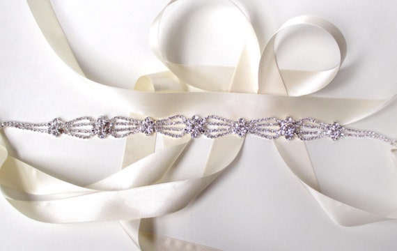 Sash - Intricate Crystal Bridal Belt Sash - White Ivory  display picture 2
