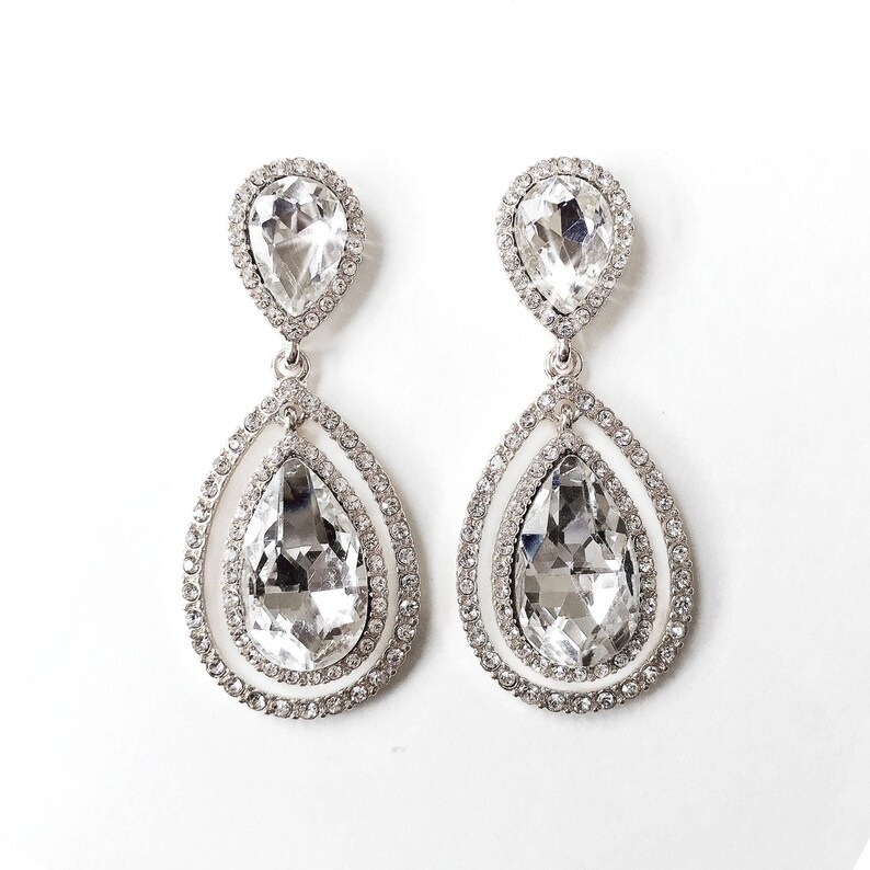 Earrings Double Teardrop Crystal Earrings in Silver Rhinestone Dangle Post Earring Crystal Wedding Earrings Bridal Earrings image 2