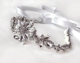 Sash - Starburst Rhinestone Bridal Belt Sash in Silver - Satin Ribbon - Rhinestone Crystal Appliqué - Silver Wedding Dress Belt - Extra Long