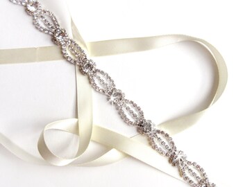 Sash - Ethereal Rhinestone Ribbon Bridal Belt - Silver and Crystal Rhinestone Belt - Crystal Wedding Dress Belt - Extra Long Thin Belt