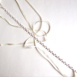 Headband Silver Pearl and Rhinestone Bridal Headband or Thin Belt Wedding Headband Satin Ribbon Tie Long Wedding Dress Belt image 6