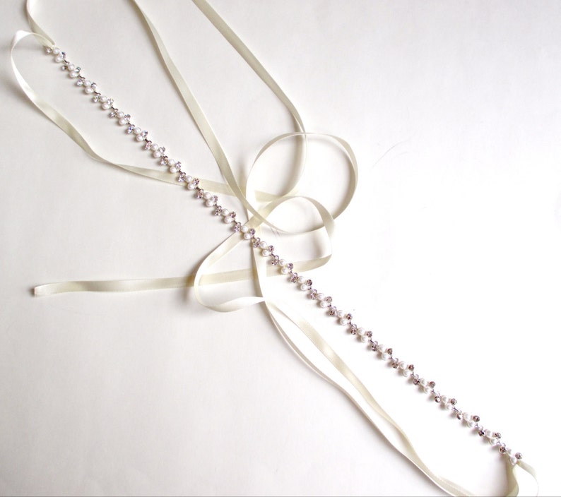 Headband Silver Pearl and Rhinestone Bridal Headband or Thin Belt Wedding Headband Satin Ribbon Tie Long Wedding Dress Belt image 6