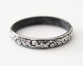 Ring - Victorian Floral Ring Band - Sterling Silver 925 - Flur de Lis - Women's Wedding Band - Promise Ring - Shabby Chic - Vintage - Patina