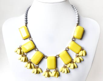 Necklace - Bright Yellow Statement Bib Necklace - Yellow and Gray Necklace - Bright Beaded Statement Necklace in Gold - Neon Yellow