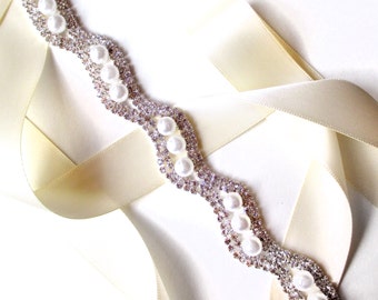 Sash - Elegant Crystal and Pearl Bridal Belt Sash - White Ivory Silver Satin Ribbon - Rhinestone Pearl - Pearl Wedding Dress Belt - Long