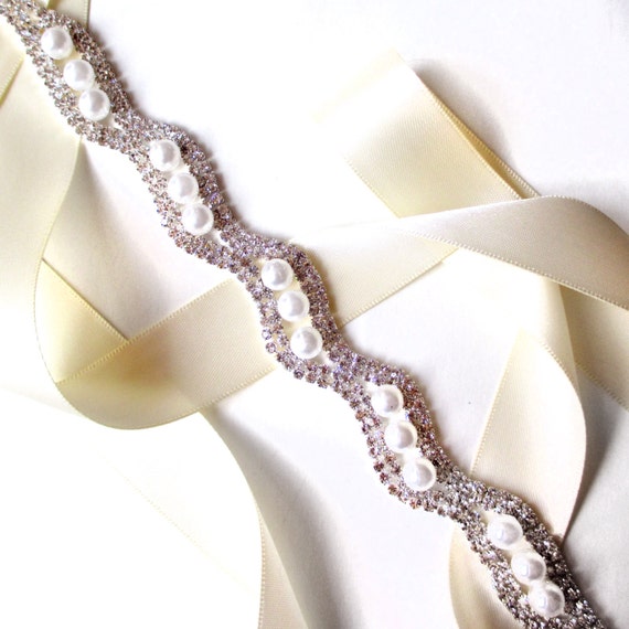 Sash - Elegant Crystal and Pearl Bridal Belt Sash - White 