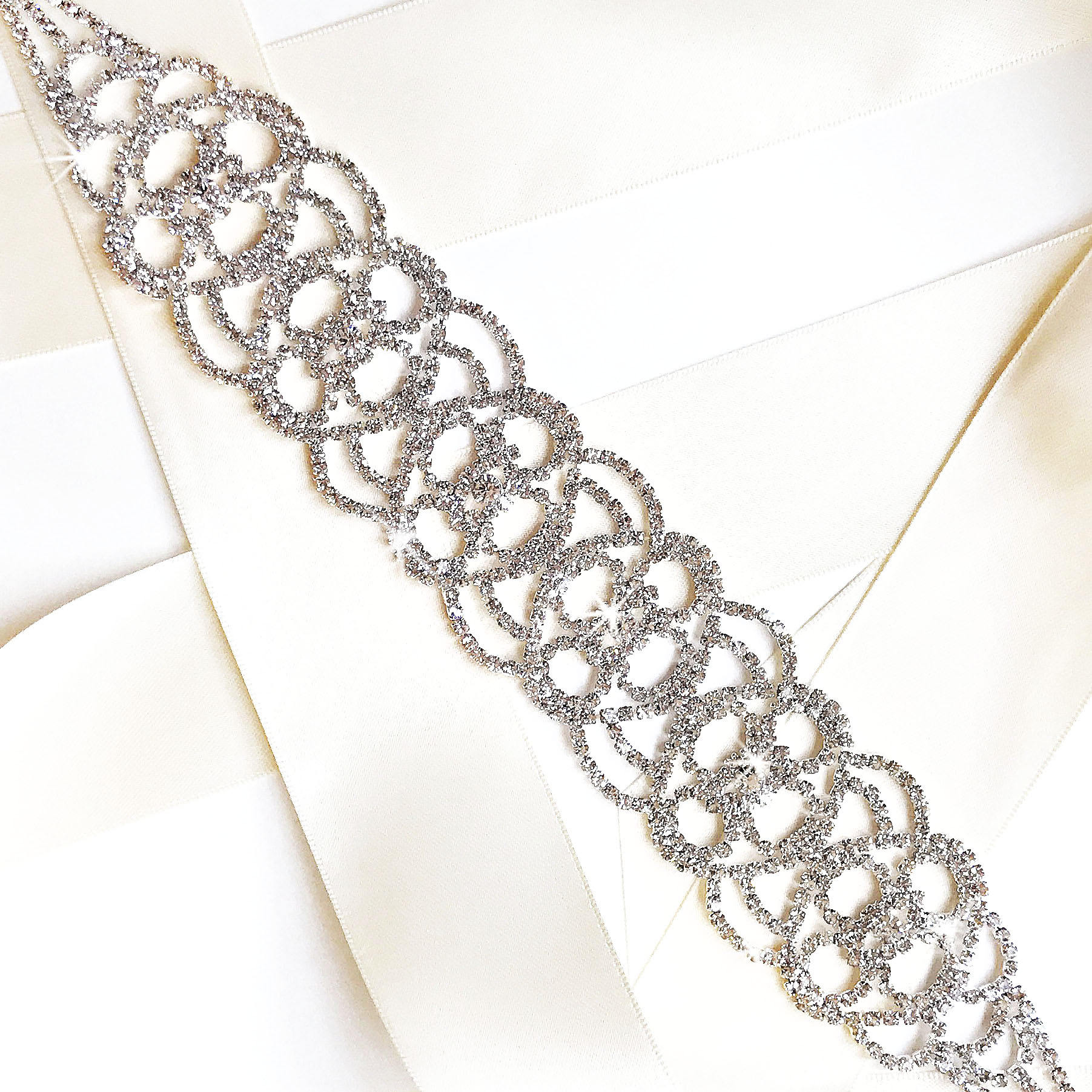 Ivory Crystal Encrusted Rhinestone Sash Belt For Bridal Wedding Dress - Diamante