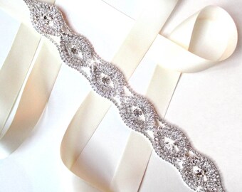 Sash - Extra Long Infinite Rhinestones Bridal Belt Sash - White Ivory Silver Satin Ribbon - Crystal Wedding Dress Belt - Long