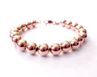 Bracelet - 8mm 14K Rose Gold Filled Bead Bracelet - Everyday Wear -  Simple Rose Gold Ball Bracelet - Pink Gold Beaded Bracelet