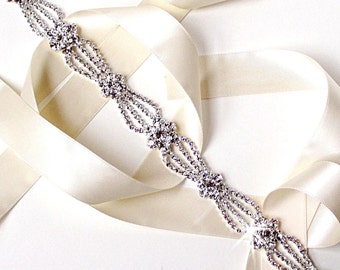 Sash - Intricate Crystal Bridal Belt Sash - White Ivory Silver Satin Ribbon - Rhinestone Wedding Dress Belt - Standard Length