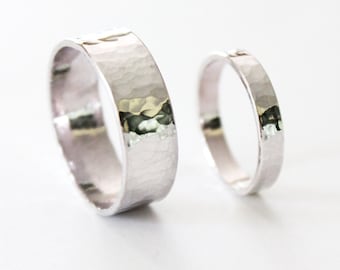 Couple's Ring Set - Hammered Sterling Silver Rings - Wedding Bands - Promise Ring - Men's - Women's - Thick Silver - Textured - Matching