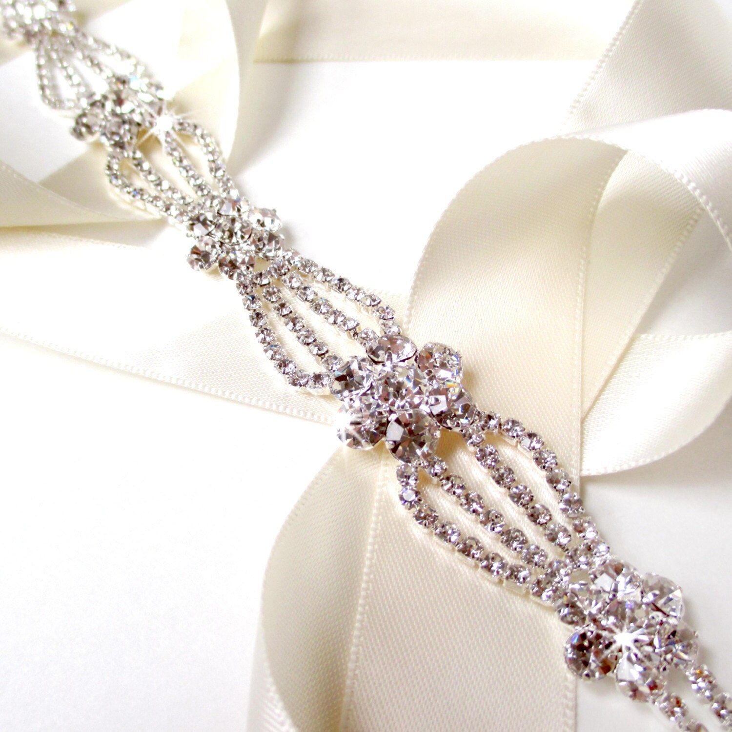Silver Rhinestone Crystal Bridal Belt Sash Ivory Satin Ribbon Art Deco Geometric Art Deco Crystal Bridal Belt - Etsy main image 2