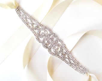 SALE! Sash - Stunning Rhinestone Bridal Belt Sash or Headband - Custom Satin Ribbon - Crystal Belt Hairpiece Headband - Wedding Dress Belt