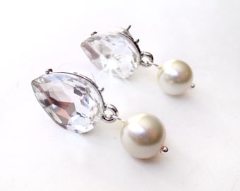 Earrings - Stunning Rhinestone Teardrop Earrings - Ivory or White Pearl - Silver Crystal Earrings - Pear Crystal