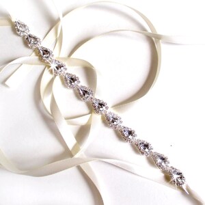 Headband - Teardrop Rhinestone Bridal Headband - White or Ivory Satin Ribbon - Silver and Crystal - Thin Wedding Headband - Pear Rhinestones