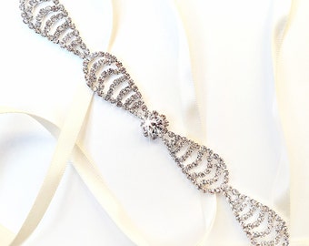 SALE! Crystal Bow Bridal Headband - Custom Satin Ribbon - Rhinestone Crystal Headband or Thin Belt - Standard Length