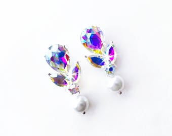 Earrings - Pear Aurora Borealis (AB) Crystal Earrings - Ivory or White Pearl - Silver Teardrop Crystal Earrings - Marquise Crystal