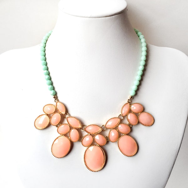 Pale Coral and Mint Bib Necklace - Gold Pastel Necklace - Statement Bib - Coral Pink, Mint Turquoise Necklace - Pale Jade Czech Glass