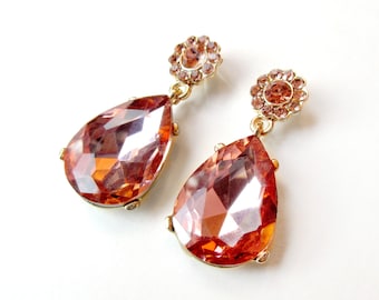 Earrings - Blush Pink and Gold Rhinestone Teardrop Earrings - Blush Pink Rhinestone Earrings - Teardrop Pear Dangle - Pink Peach Rhinestone