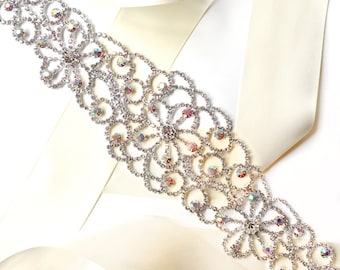 Sash - Wide Aurora Borealis (AB) Crystal Wedding Dress Sash - Rhinestone Encrusted Bridal Belt Sash - Crystal Extra Wide Long Wedding Belt