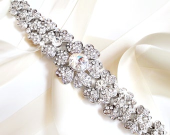 SALE! Silver Floral Rhinestone Encrusted Bridal Belt Sash - White Ivory Silver Satin Ribbon - Rhinestone Crystal Flower - Wedding Dress Belt