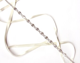 Sash - Skinny Rhinestone Ribbon Bridal Belt - Silver and Crystal Rhinestone Belt - Crystal Wedding Dress Belt - Extra Long