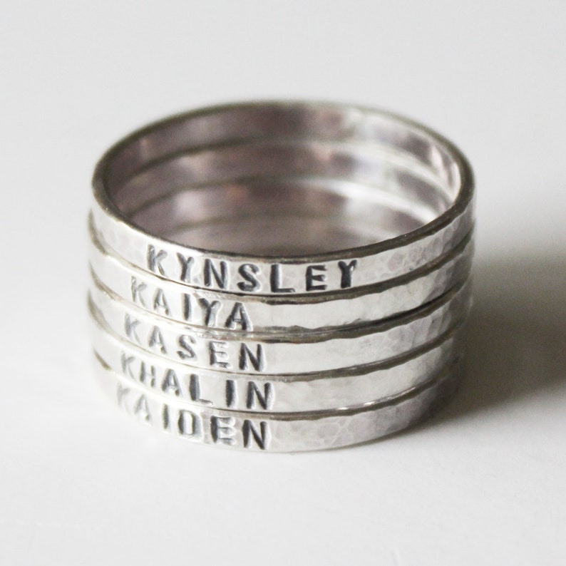 Ring Skinny Mother's Stacking Ring Sterling Silver Child's Name Rings Kids Children Grandchildren Mother Family Engraved Stamped image 6