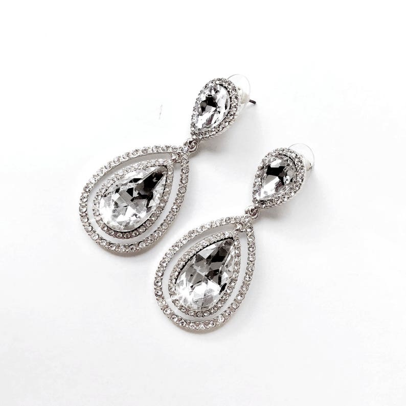 Earrings Double Teardrop Crystal Earrings in Silver Rhinestone Dangle Post Earring Crystal Wedding Earrings Bridal Earrings image 4